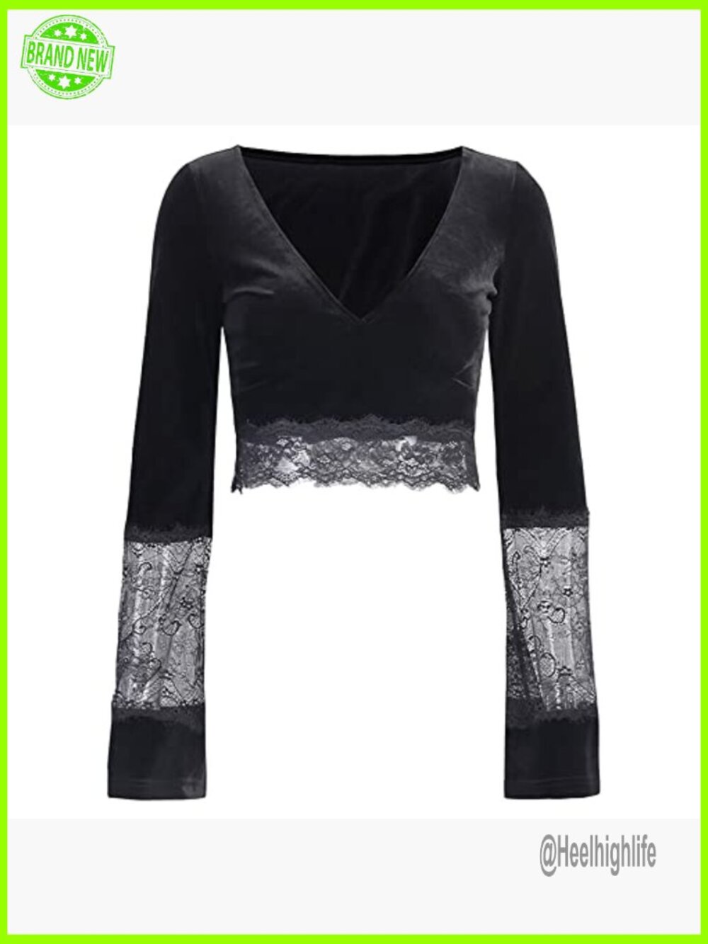 Gothic Velvet Lace Patchwork Crop Top - Long Sleeve V Neck Dark Style - Picture 4 of 7
